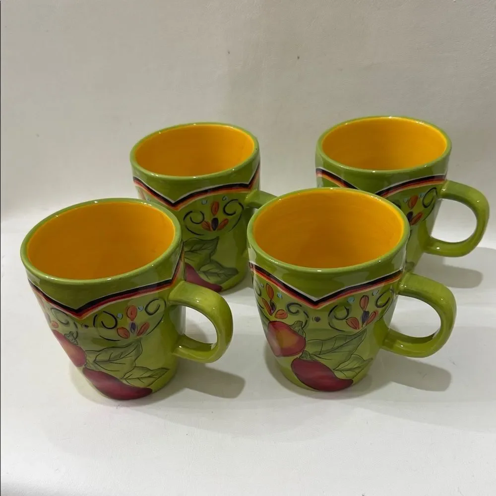 Pier 1 Pasilla Mug Set 4 Green Yellow Pepper Theme 3 1/2 In Round 4 1/4 In Tall